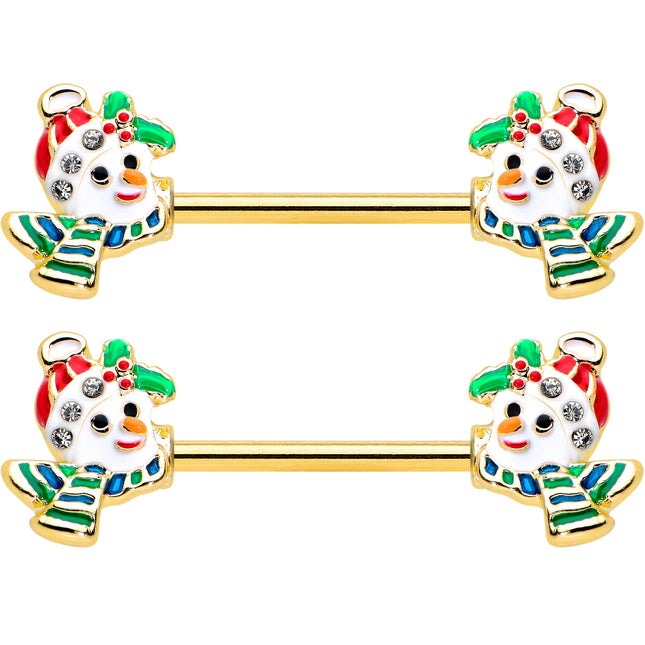 14G 9/16 Clear Gem Gold Tone Snowman Christmas Nipple Ring Set