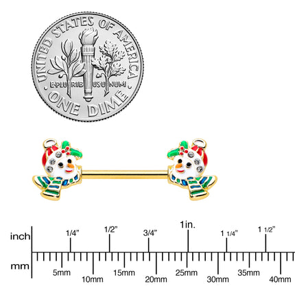 14G 9/16 Clear Gem Gold Tone Snowman Christmas Nipple Ring Set