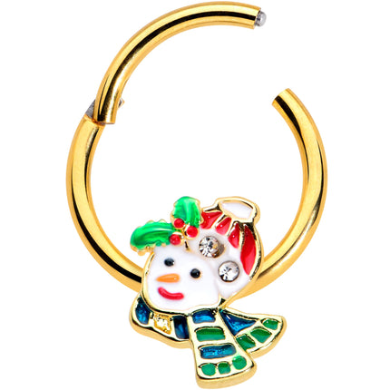 16G 3/8 Clear Gem Gold Tone Happy Snowman Hinged Segment Ring
