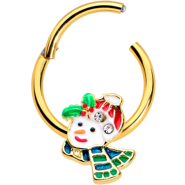 16G 3/8 Clear Gem Gold Tone Happy Snowman Hinged Segment Ring