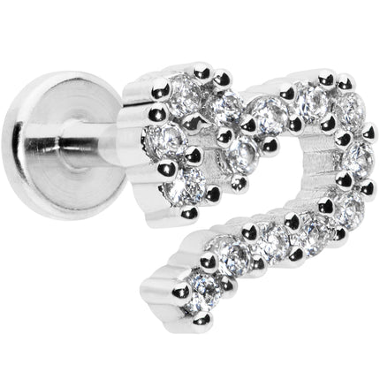 16G 1/4 Clear CZ Gem Half Heart Internally Threaded Labret Tragus