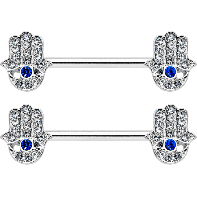 14G 9/16 Clear Blue Gem Eye Hamsa Hand Barbell Nipple Ring Set