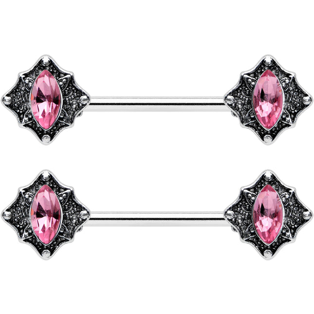 14G 9/16 Pink Gem Rhombus Retro Barbell Nipple Ring Set