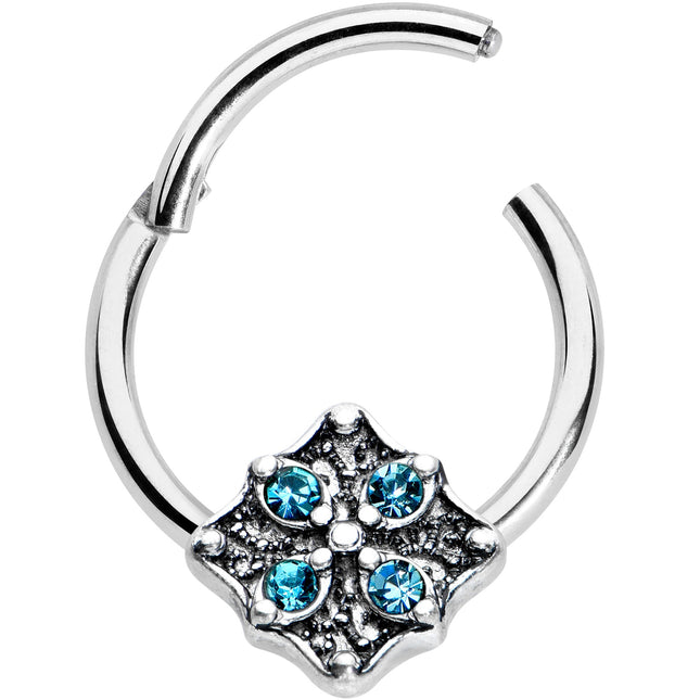 16G 3/8 Blue Gem Floral Rhombus Baroque Hinged Segment Ring