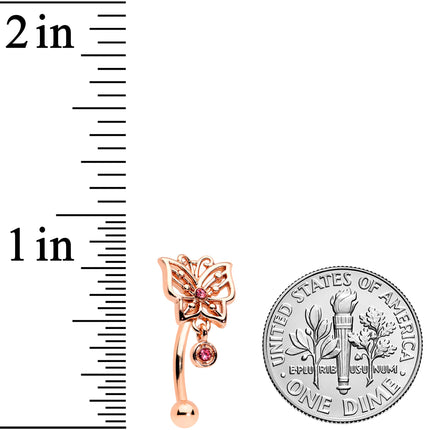 16G 5/16 Pink CZ Gem Rose Gold Tone Butterfly Curved Eyebrow Ring