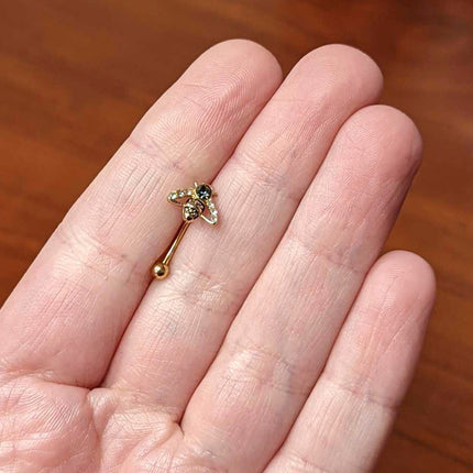 16G 5/16 Clear Black Gem Gold Hue Angular Bee Curved Eyebrow Ring