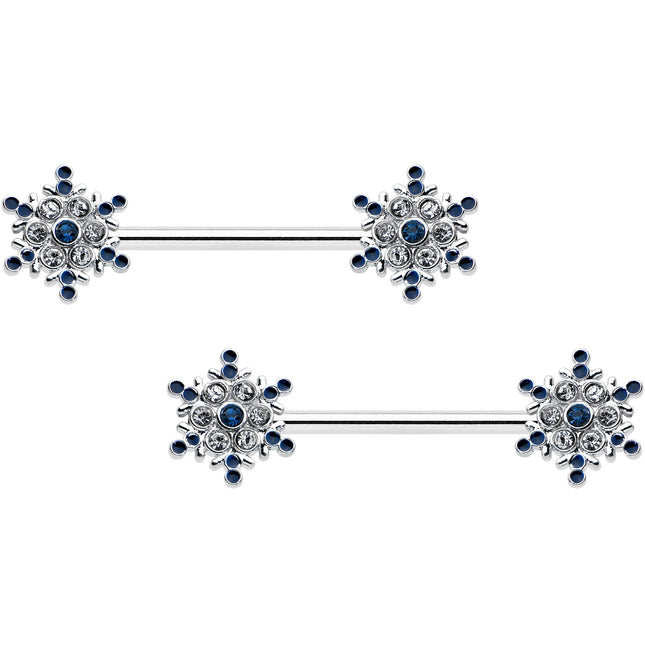 14G 9/16 Blue Gem Festive Snowflake Christmas Nipple Ring Set