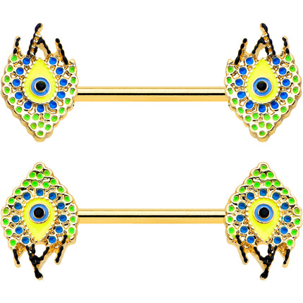 14G 9/16 Gold Tone Bold Peacock Feather Barbell Nipple Ring Set