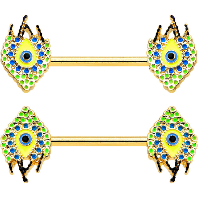 14G 9/16 Gold Tone Bold Peacock Feather Barbell Nipple Ring Set