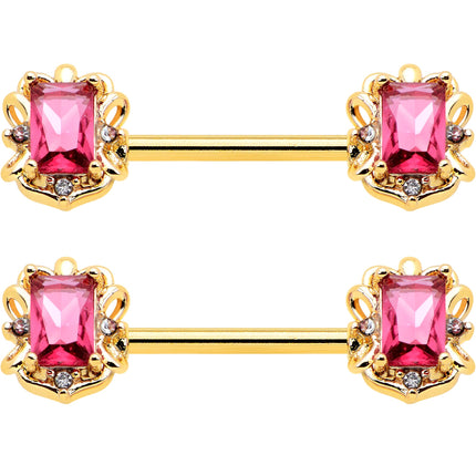 14G 9/16 Red Gem Gold Hue Regal Escutcheon Barbell Nipple Ring Set