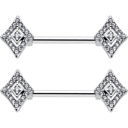 14G 9/16 Clear Gem Double Rhombus Deco Barbell Nipple Ring Set