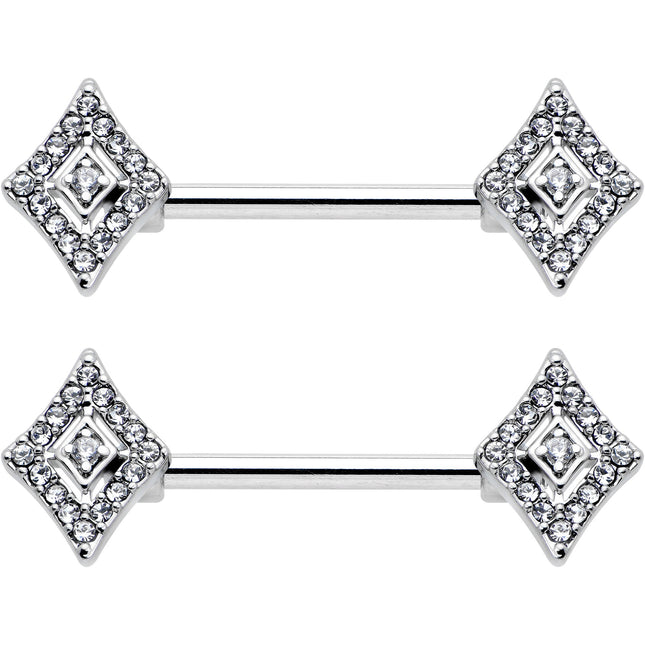14G 9/16 Clear Gem Double Rhombus Deco Barbell Nipple Ring Set