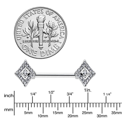14G 9/16 Clear Gem Double Rhombus Deco Barbell Nipple Ring Set