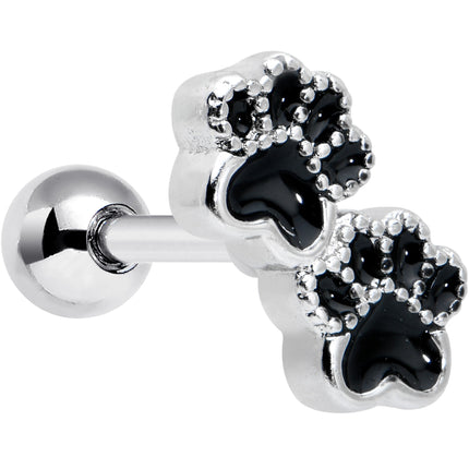 16G 1/4 Textured Black Paw Prints Cartilage Tragus Earring