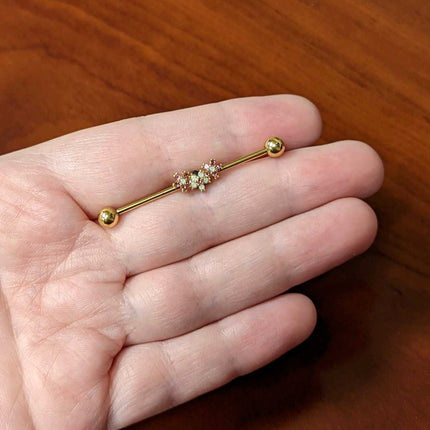 14G White Faux Opal Gold Hue Bunch Flower Industrial Barbell 38mm