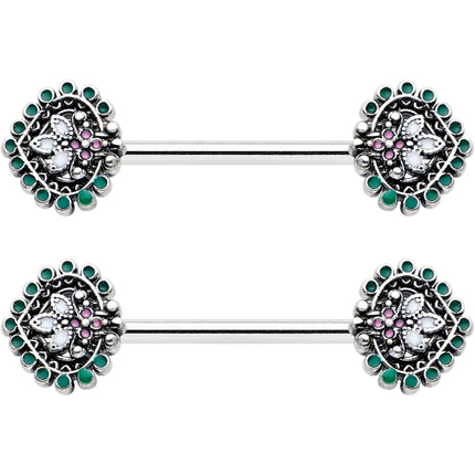 14G 9/16 Stylized Pink Green Leaf Barbell Nipple Ring Set