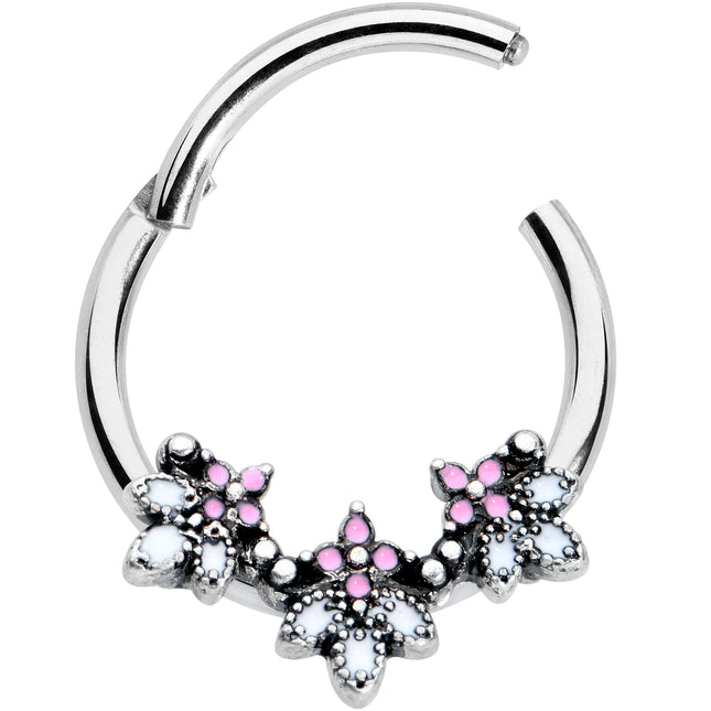 16G 3/8 Pink White Abstract Leaf Hinged Segment Ring