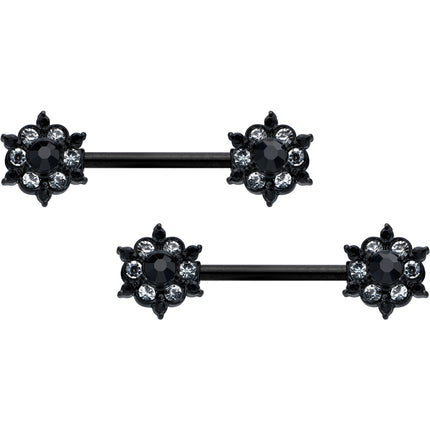 14G 9/16 Clear CZ Gem Black Abstract Sun Barbell Nipple Ring Set