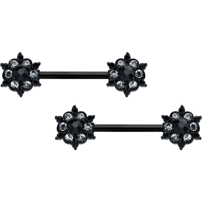 14G 9/16 Clear CZ Gem Black Abstract Sun Barbell Nipple Ring Set
