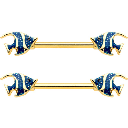 14G 9/16 Gold Tone Blue Stripe Adorable Angelfish Nipple Ring Set