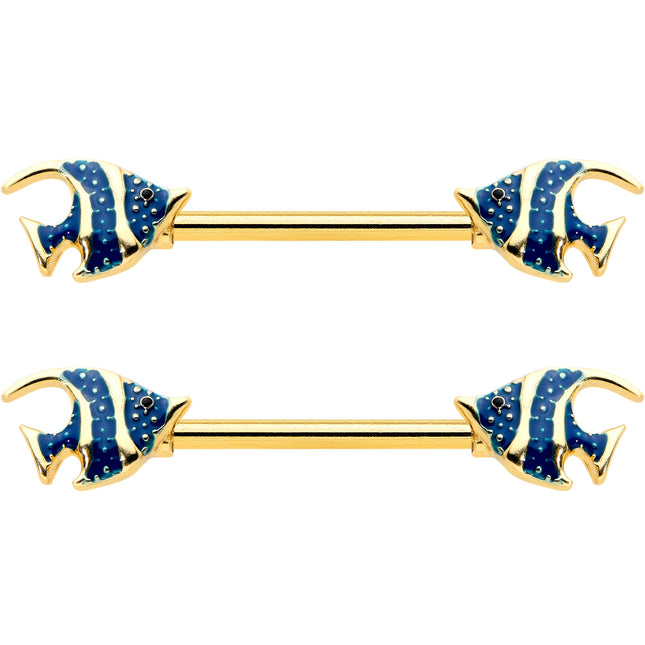 14G 9/16 Gold Tone Blue Stripe Adorable Angelfish Nipple Ring Set