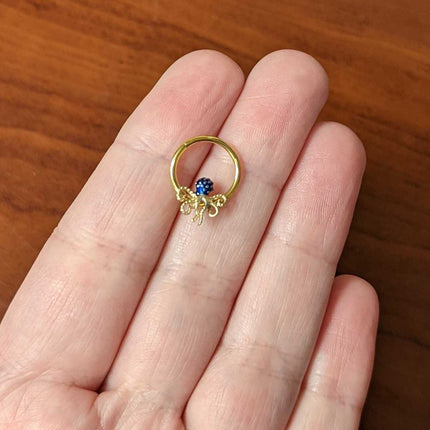 16G 3/8 Gold Tone Textured Blue Octopus Hinged Segment Ring