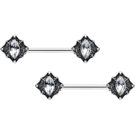 14G 9/16 Clear Gem Rhombus Retro Barbell Nipple Ring Set