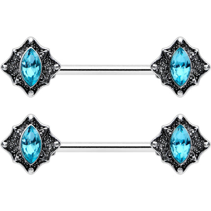 14G 9/16 Blue Gem Rhombus Retro Barbell Nipple Ring Set