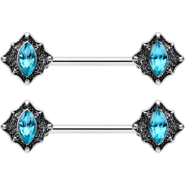 14G 9/16 Blue Gem Rhombus Retro Barbell Nipple Ring Set