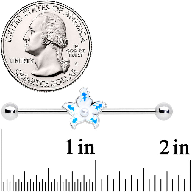 14G Pearly White Orb Blue Flower Industrial Barbell 38mm