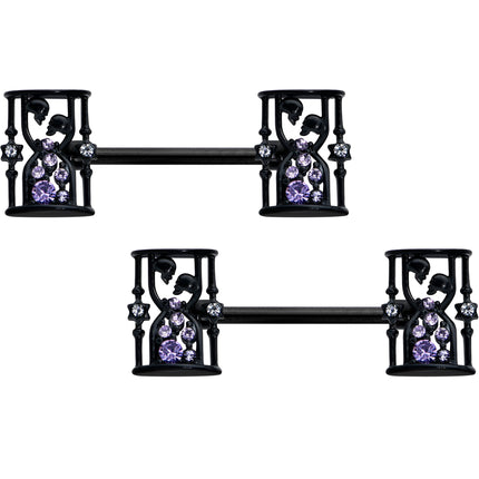 14G 9/16 Clear Purple Gem Black Gothic Hourglass Nipple Ring Set