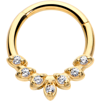 16G 5/16 Clear CZ Gem Gold Tone Seven Leaf Hinged Segment Ring