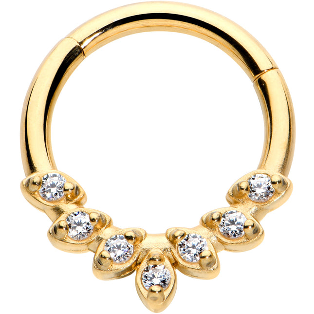 16G 5/16 Clear CZ Gem Gold Tone Seven Leaf Hinged Segment Ring