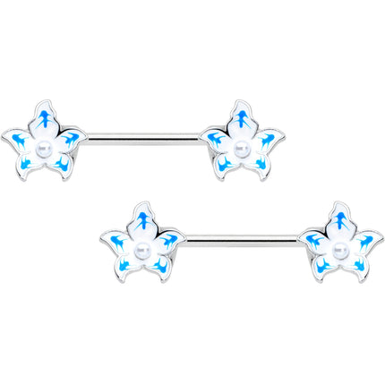 14G 9/16 Pearlescent Orb Flower Blue Barbell Nipple Ring Set
