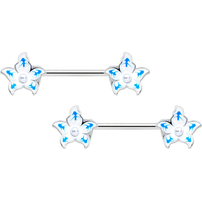 14G 9/16 Pearlescent Orb Flower Blue Barbell Nipple Ring Set