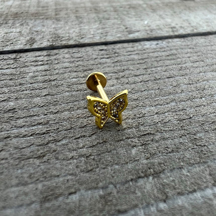 16G 5/16 Clear Gem Gold Tone Butterfly Internally Threaded Labret