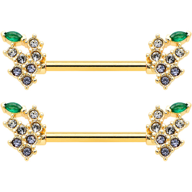 14G 9/16 Clear CZ Gem Gold Tone Bunch Grapes Nipple Ring Set