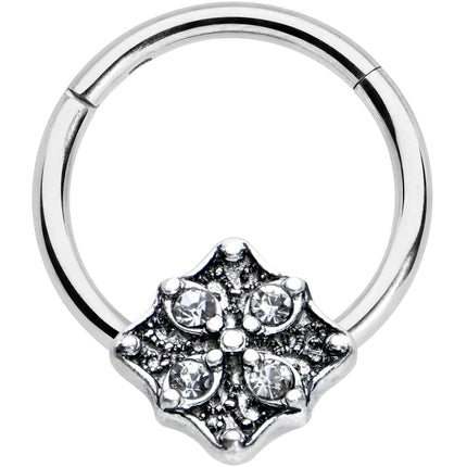 16G 3/8 Clear Gem Rhombus Flower Hinged Segment Ring