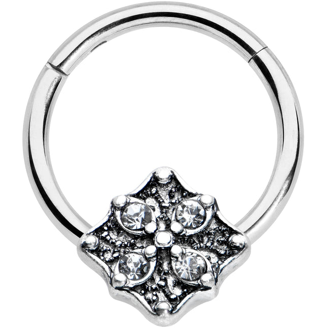 16G 3/8 Clear Gem Rhombus Flower Hinged Segment Ring