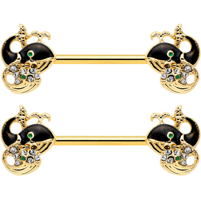 14G 9/16 Clear Gem Gold Tone Mom Baby Whale Nipple Ring Set