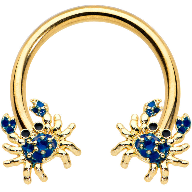 16G 3/8 Gold Tone Blue Crab Nautical Horseshoe Circular Barbell