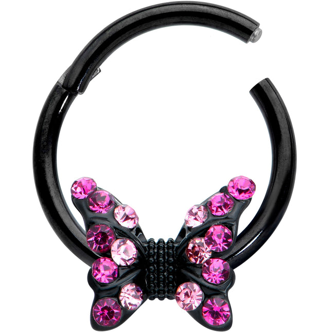 16G 3/8 Pink Gem Black Midnight Butterfly Hinged Segment Ring