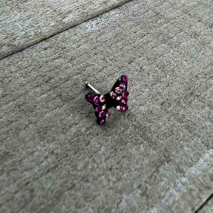 20G 1/4 Pink Gem Midnight Black Butterfly Nose Bone