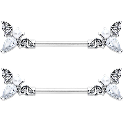 14G 9/16 Clear Gem Flying Bats Halloween Barbell Nipple Ring Set
