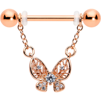 14G 5/8 Clear Gem Rosy Tone Airy Butterfly Dangle Nipple Ring Set