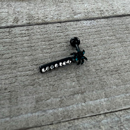16G 1/4 Clear Gem Black Night Palm Tree Dangle Cartilage Earring