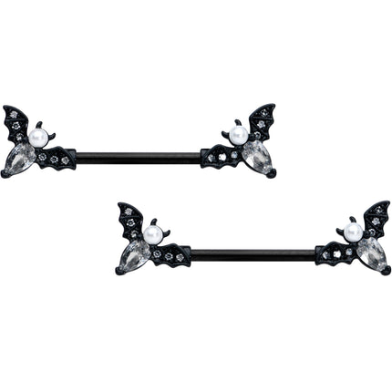 14G 5/8 Clear Gem Black Flying Bats Halloween Nipple Ring Set