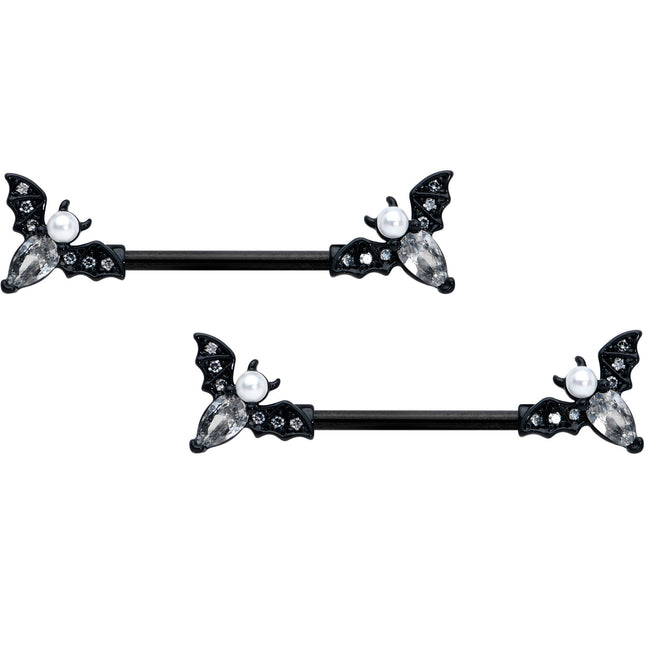 14G 5/8 Clear Gem Black Flying Bats Halloween Nipple Ring Set