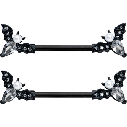 14G 5/8 Clear Gem Black Flying Bats Halloween Nipple Ring Set