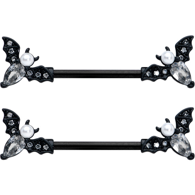 14G 5/8 Clear Gem Black Flying Bats Halloween Nipple Ring Set